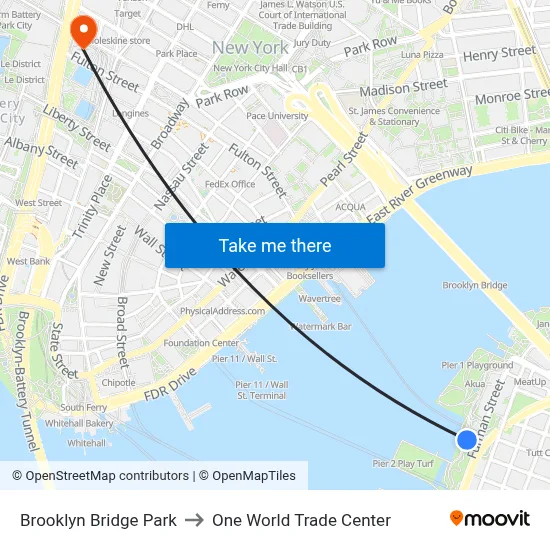 Brooklyn Bridge Park to One World Trade Center map
