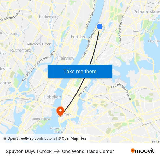 Spuyten Duyvil Creek to One World Trade Center map