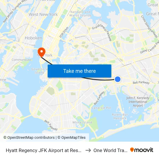 Hyatt Regency JFK Airport at Resorts World New York to One World Trade Center map