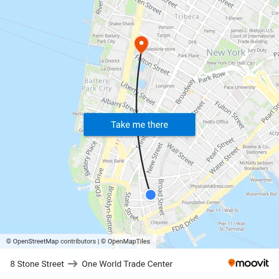 8 Stone Street to One World Trade Center map