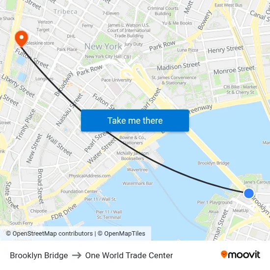 Brooklyn Bridge to One World Trade Center map