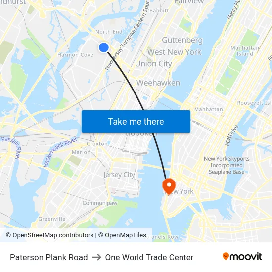 Paterson Plank Road to One World Trade Center map