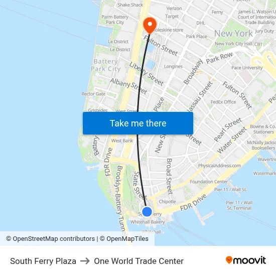 South Ferry Plaza to One World Trade Center map