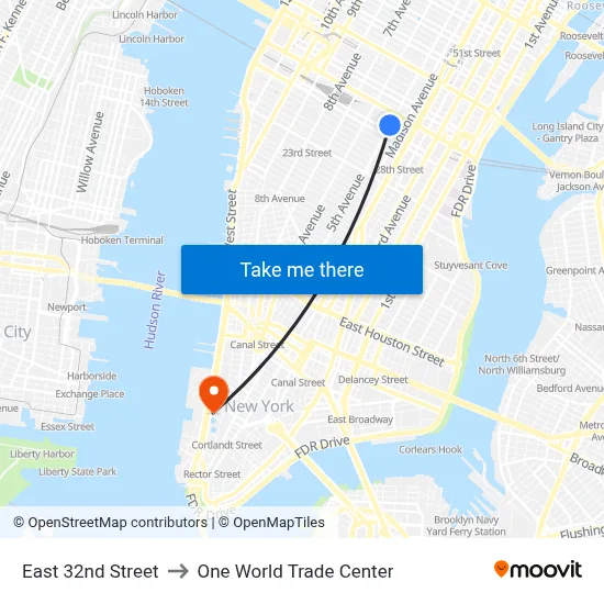 East 32nd Street to One World Trade Center map