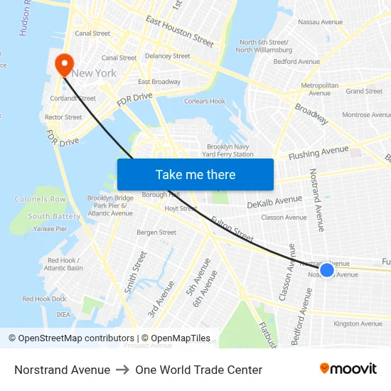 Norstrand Avenue to One World Trade Center map