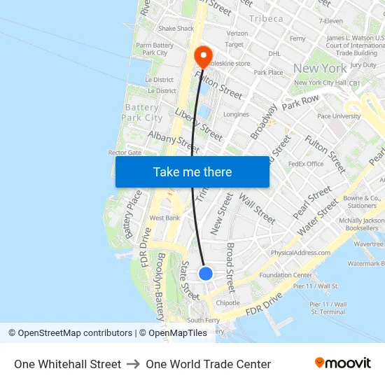 One Whitehall Street to One World Trade Center map