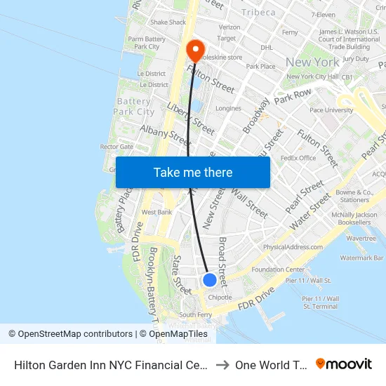 Hilton Garden Inn NYC Financial Center/Manhattan Downtown to One World Trade Center map