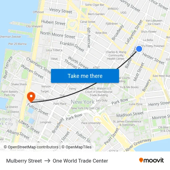 Mulberry Street to One World Trade Center map