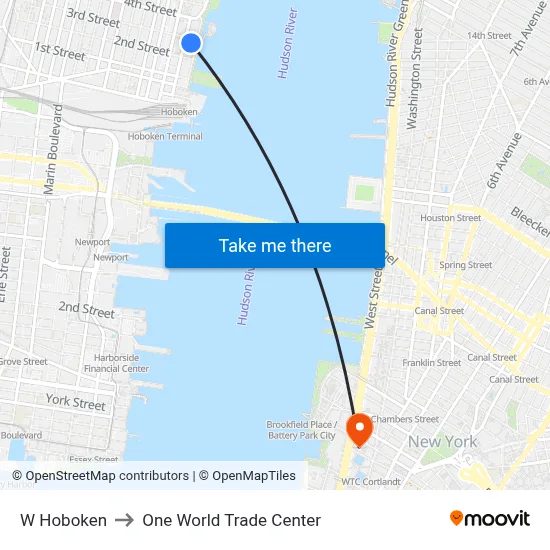 W Hoboken to One World Trade Center map