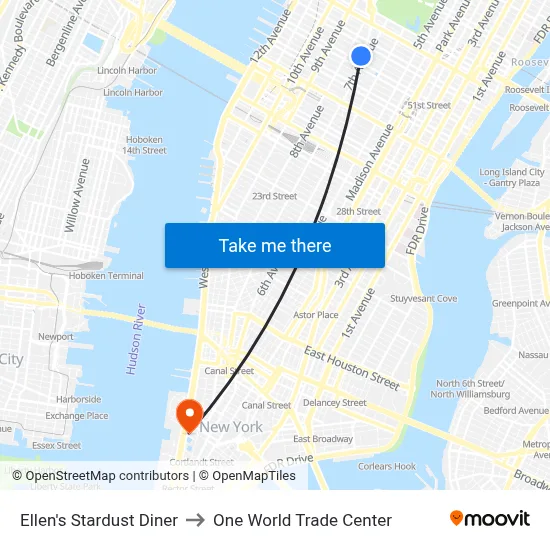 Ellen's Stardust Diner to One World Trade Center map