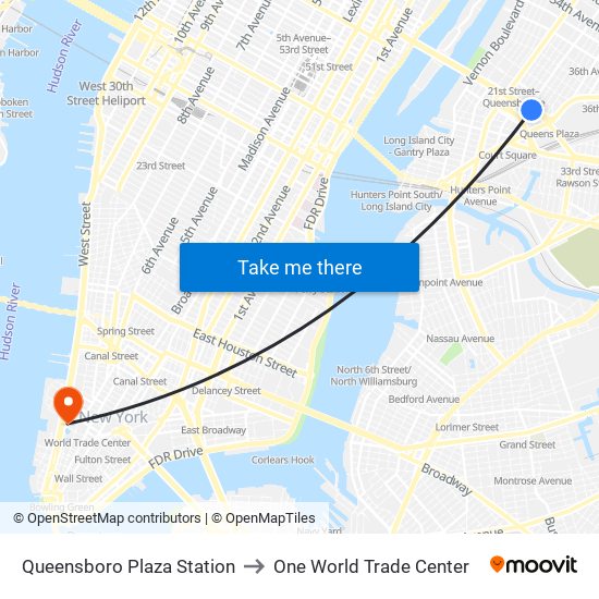 Queensboro Plaza Station to One World Trade Center map