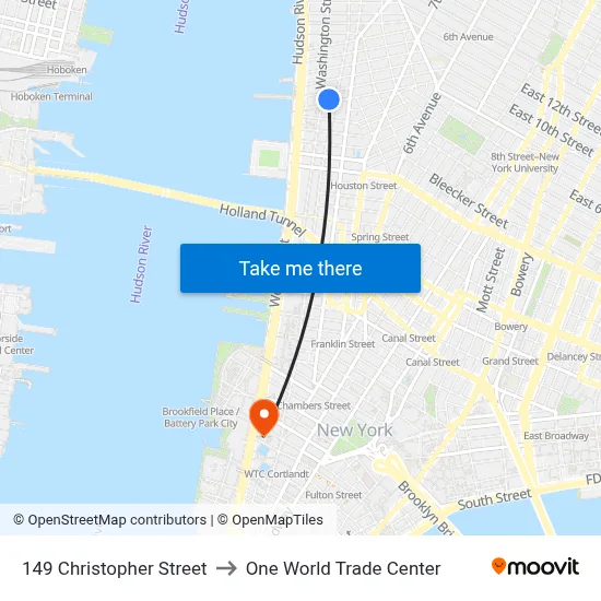 149 Christopher Street to One World Trade Center map