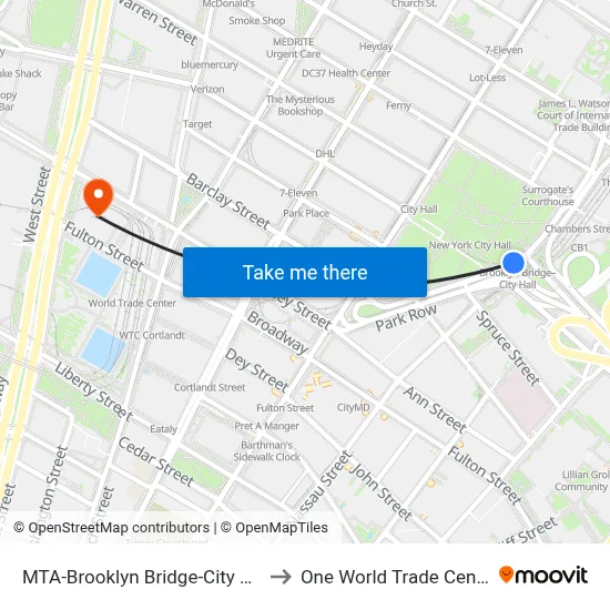 MTA-Brooklyn Bridge-City Hall to One World Trade Center map