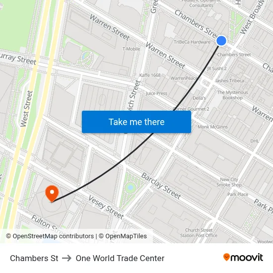 Chambers St to One World Trade Center map