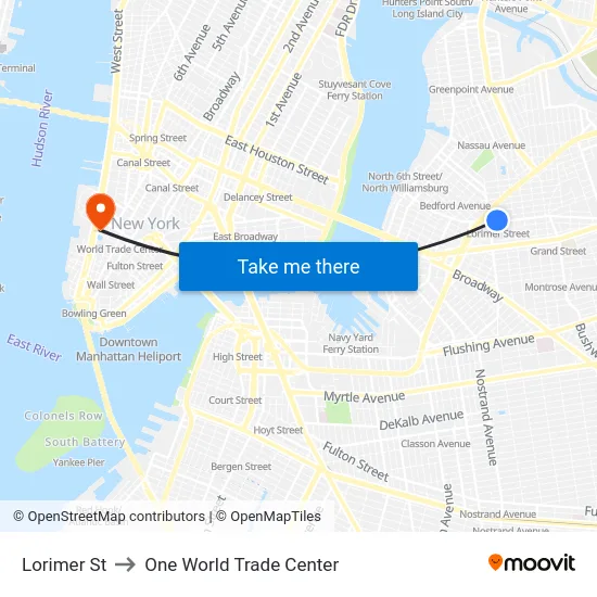 Lorimer St to One World Trade Center map