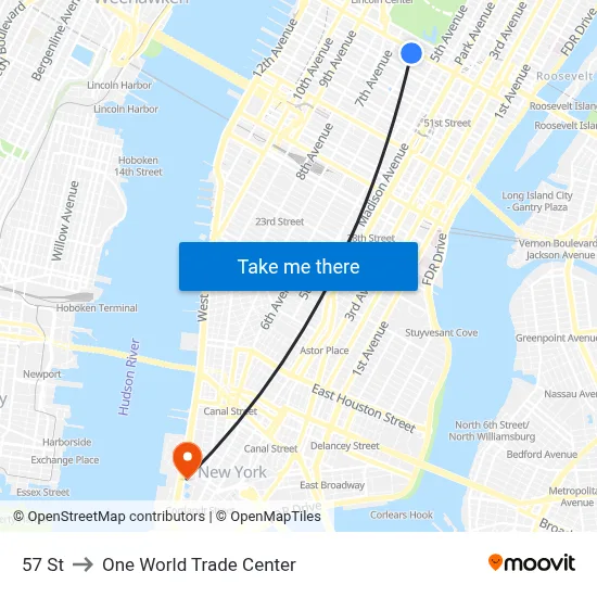 57 St to One World Trade Center map