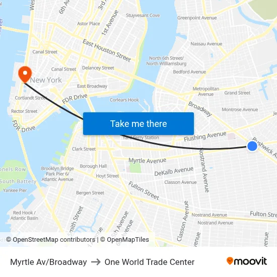 Myrtle Av/Broadway to One World Trade Center map