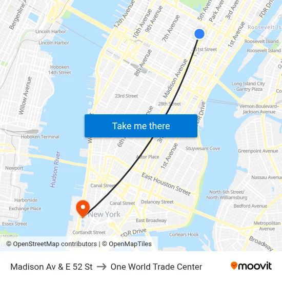 Madison Av & E 52 St to One World Trade Center map