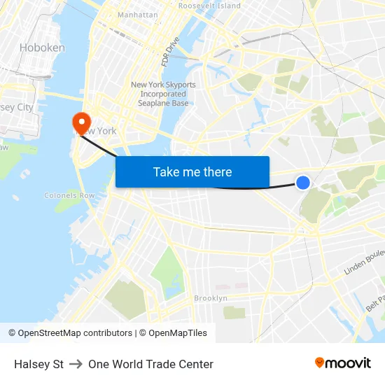 Halsey St to One World Trade Center map