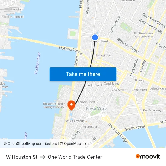 W Houston St to One World Trade Center map