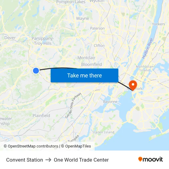 Convent Station to One World Trade Center map