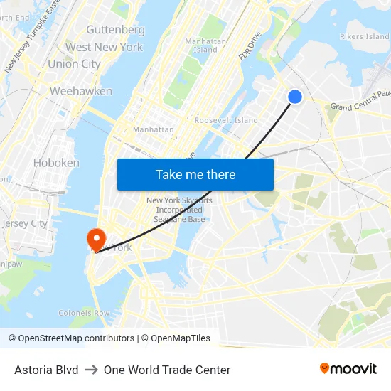 Astoria Blvd to One World Trade Center map