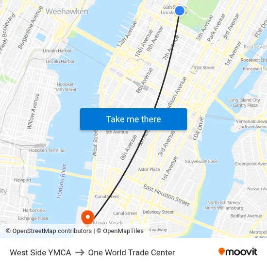 West Side YMCA to One World Trade Center map