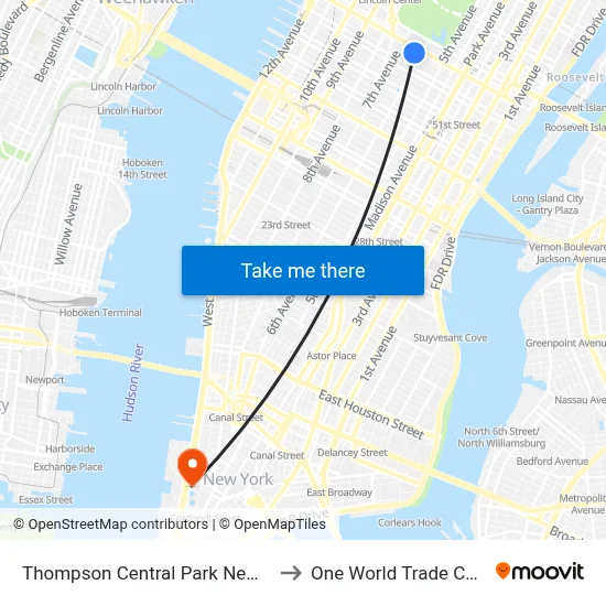 Thompson Central Park New York to One World Trade Center map