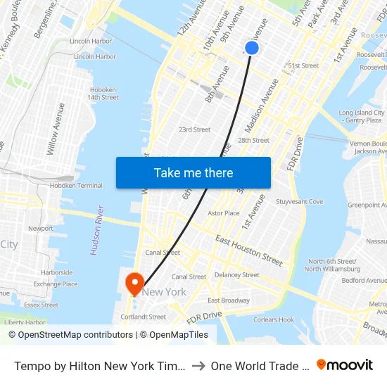 Tempo by Hilton New York Times Square to One World Trade Center map