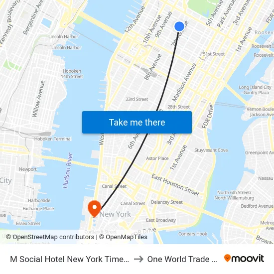 M Social Hotel New York Times Square to One World Trade Center map