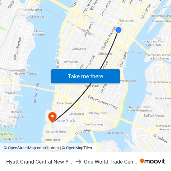 Hyatt Grand Central New York to One World Trade Center map