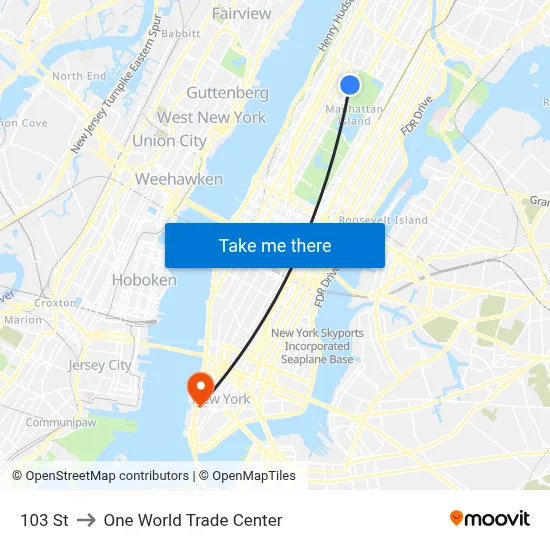 103 St to One World Trade Center map