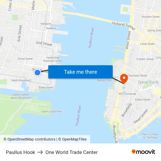 Paullus Hook to One World Trade Center map