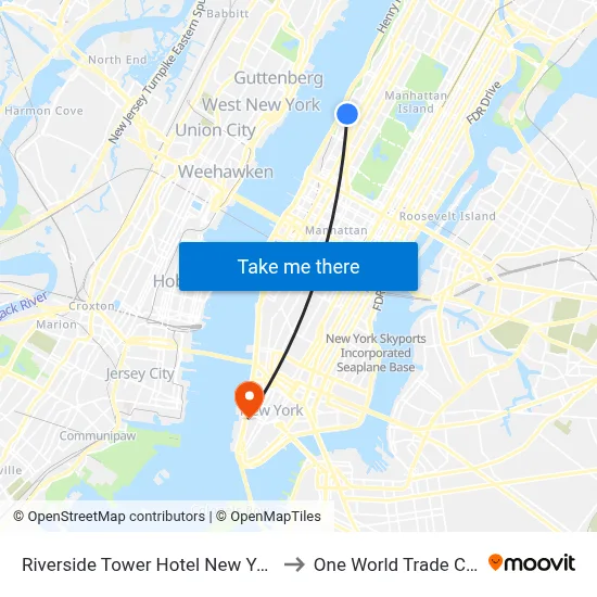 Riverside Tower Hotel New York City, 80 Riverside Dr to One World Trade Center map