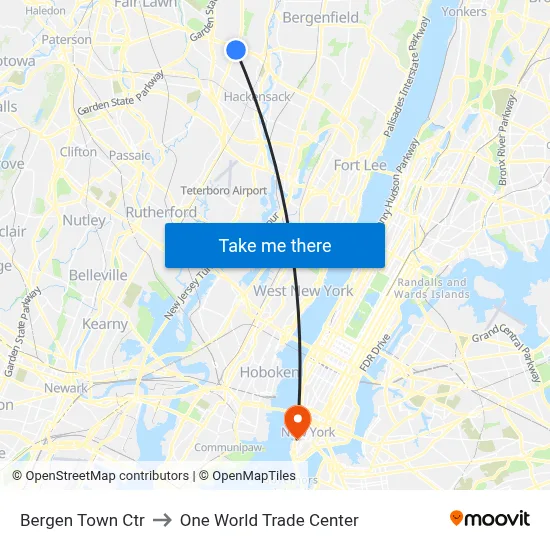 Bergen Town Ctr to One World Trade Center map