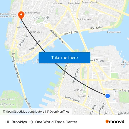 LIU-Brooklyn, 1 University Plz to One World Trade Center map