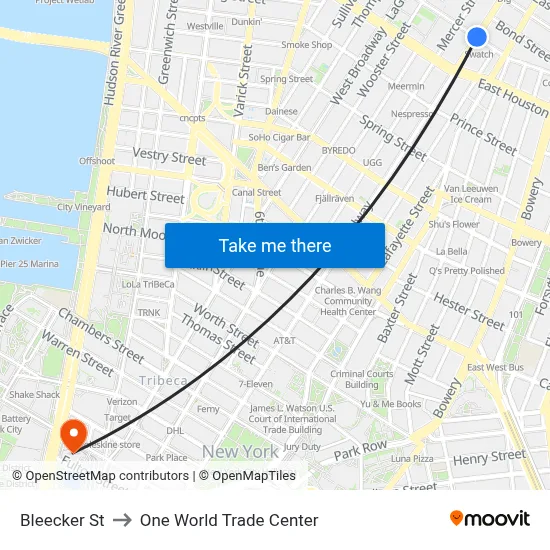 Bleecker St, New York, NY 10012 to One World Trade Center map