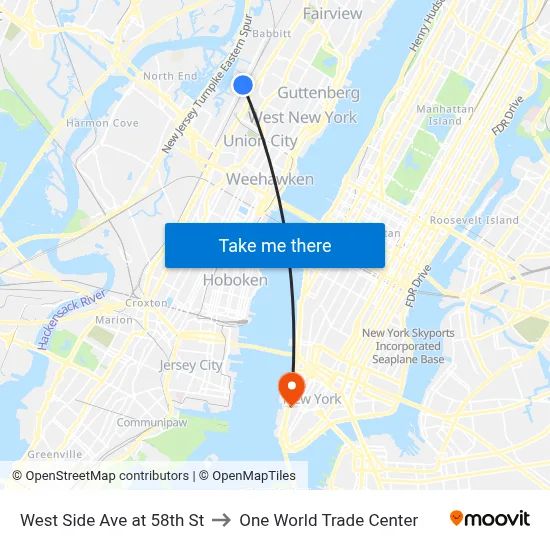 West Side Ave at 58th St to One World Trade Center map