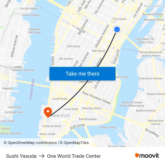 Sushi Yasuda, 204 E 43rd St to One World Trade Center map