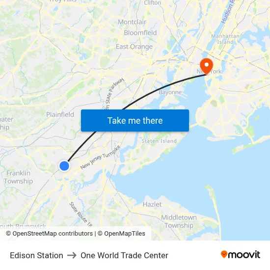Edison Station to One World Trade Center map