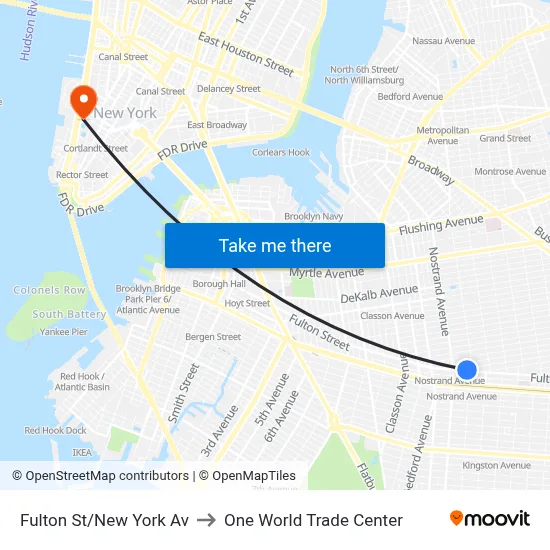 Fulton St/New York Av to One World Trade Center map