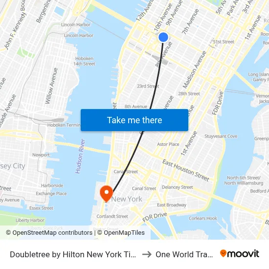 Doubletree by Hilton New York Times Square West to One World Trade Center map