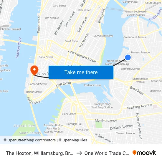 The Hoxton, Williamsburg, Brooklyn to One World Trade Center map