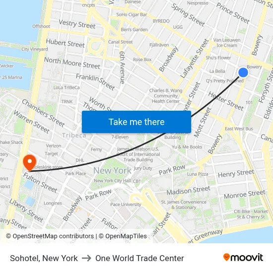 Sohotel, New York to One World Trade Center map