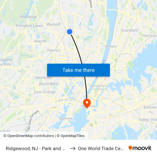 Ridgewood, NJ - Park and Ride to One World Trade Center map