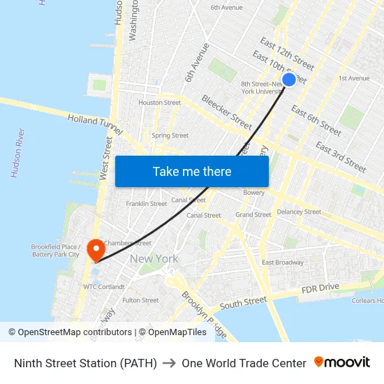 Ninth Street Station (PATH) to One World Trade Center map
