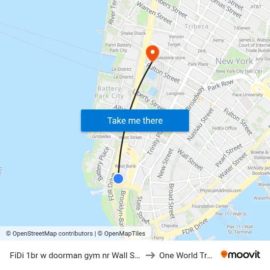 FiDi 1br w doorman gym nr Wall St NYC-546, New York to One World Trade Center map