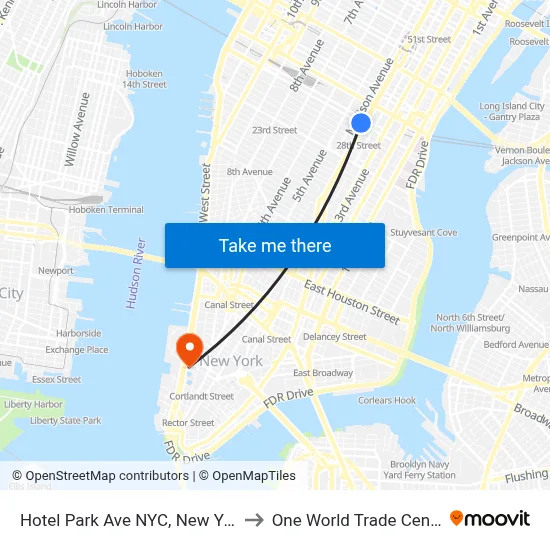 Hotel Park Ave NYC, New York to One World Trade Center map