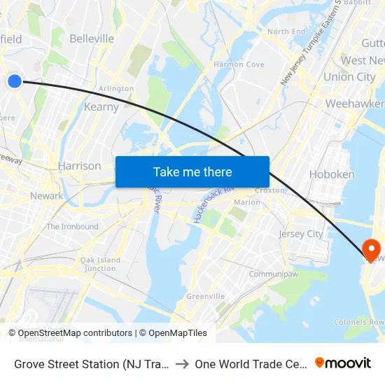 Grove Street Station (NJ Transit) to One World Trade Center map