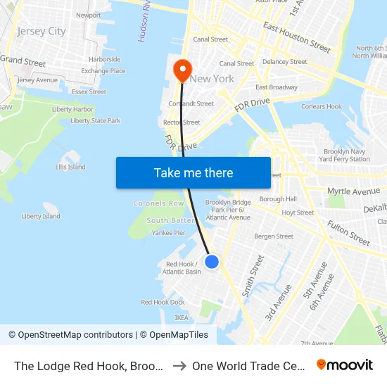 The Lodge Red Hook, Brooklyn to One World Trade Center map